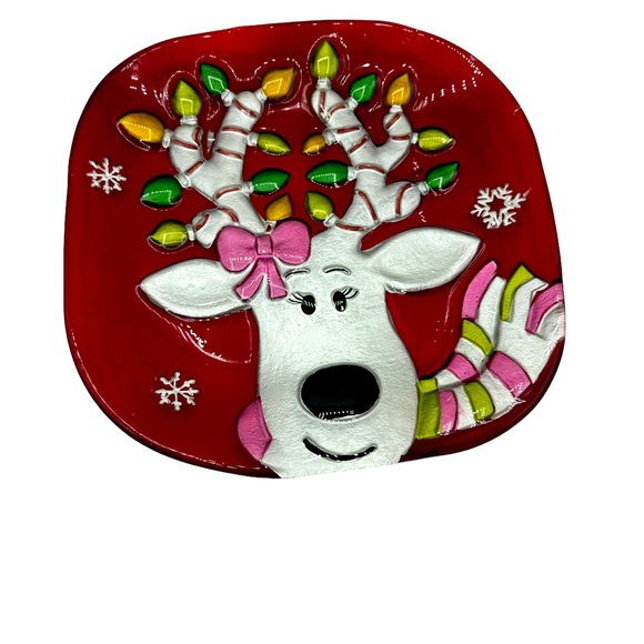 Christmas Rain Deer Platter Plate Artist Fused Painted Glass - Picture 4 of 11